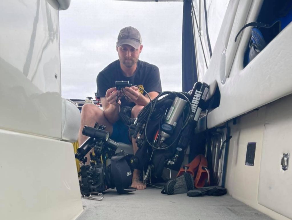Dusty sets up the rebreather on his boat